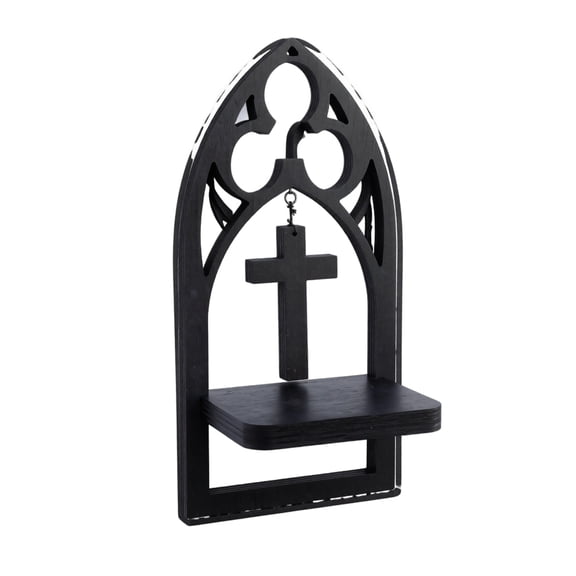 Wall Shelf Gothic Black Wooden Cross Candle Holder for Christian Prayer Room Decor