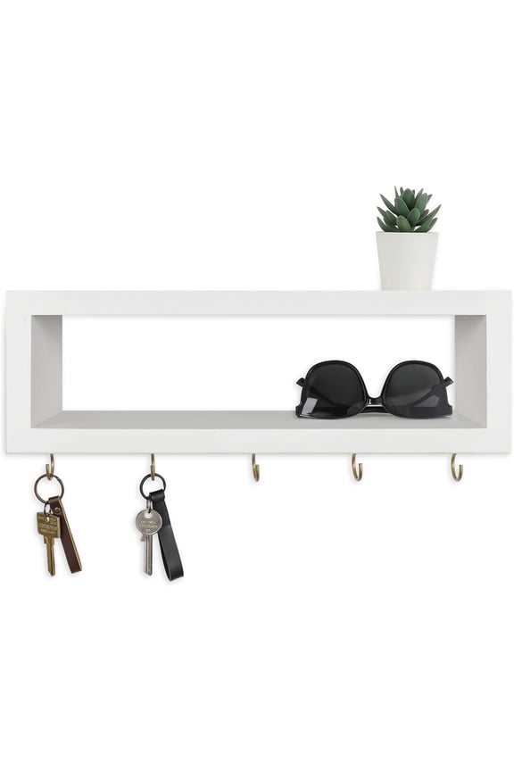 Wall Shelf with Hooks - Decorative Key and Wallet Holder for Holds Sunglasses, Leashes, Scarves Lanyards 15.7" x 5.1" 2.9" Entryway Organizer Made of Paulownia Wood (White)
