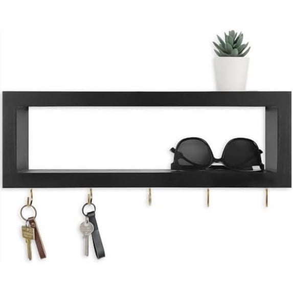 Wall Shelf with Hooks - Decorative Key and Wallet Holder for Wall Holds Sunglasses, Leashes, Scarves and Lanyards - 15.7" x 5.1" x 2.9" Entryway Organizer Made of Paulownia Wood (Black)