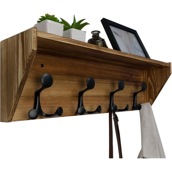 Wall Shelf with Hooks Underneath,24" Long Wall Mounted Coat Rack with Shelf,Entryway Coat Rack with 4 Triple Hooks for Hanging Coats,Jacket,Hallway,Bedroom,Mudroom,Brown