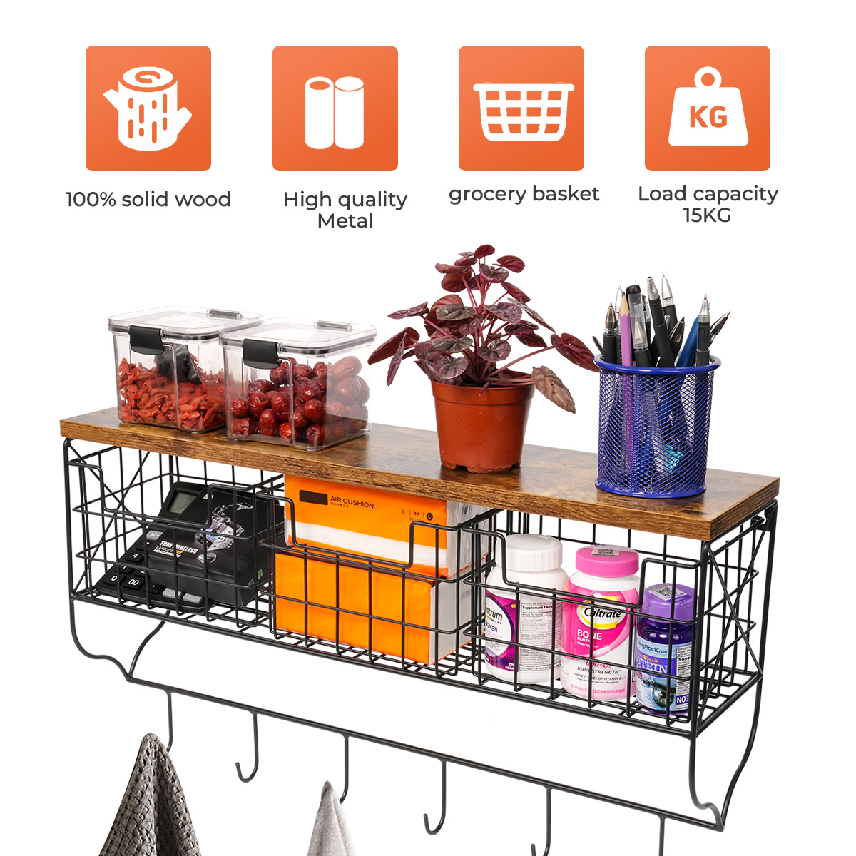 Wall Shelf Rustic Wood Wall Mount Shelf, Wall Mounted Wooden Coat Rack