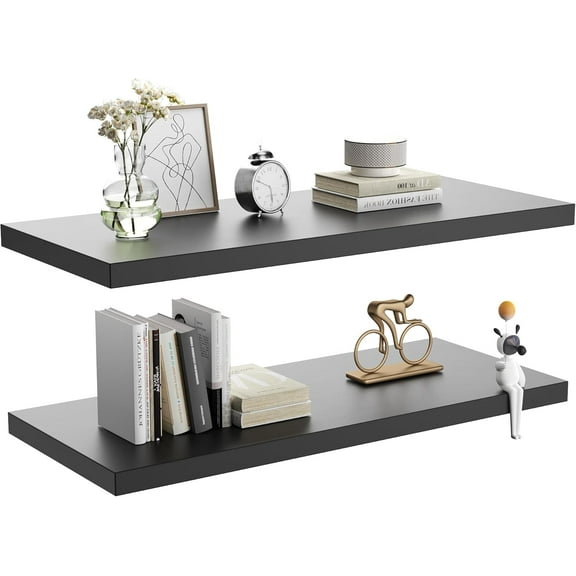 Wall Shelf Set of 2, Black Floating Shelves 36 in W x 10 in D x 1 in H, Wooden Floating Wall Shelf with Invisible Brackets for Living Room/Bedroom/Bathroom/Kitchen Storage and Decor