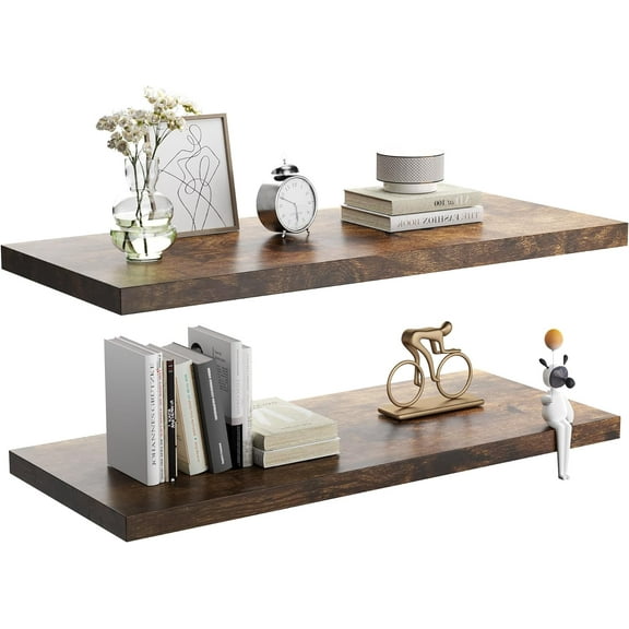Wall Shelf Set of 2, Rustic Brown Floating Shelves 36 in W x 10 in D x 1 in H, Wooden Floating Wall Shelf with Invisible Brackets for Living Room/Bedroom/Bathroom/Kitchen Storage and Decor