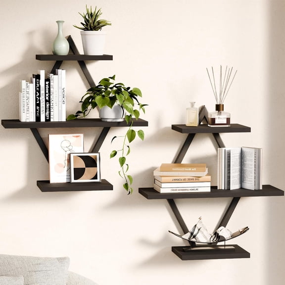 Wall Shelf, Set of 2 Wall Mounted Floating Shelves with Sturdy A-Frame Metal Bracket for Wall Decor, Wide Display Shelving for Bathroom, Bedroom, Kitchen and Living Room(Black)