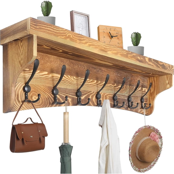 Wall Shelf with Hooks Underneath,35" Long Wall Mounted Coat Rack with Shelf,Entryway Shelves,7 Triple Hooks,Rustic Brown