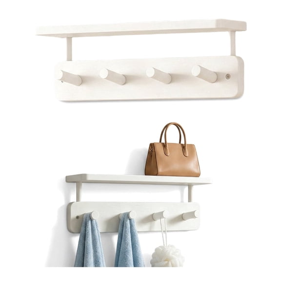 Wall Shelf with Hooks – Wooden Coat Rack Wall Mount with4 Hooks, Entryway Mudroom Organizer for Hats, Keys & Bags, Rustic Farmhouse Decor
