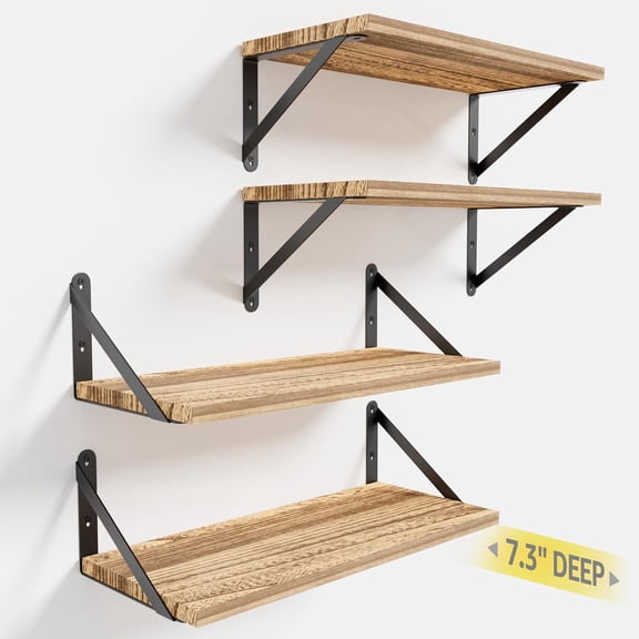 Wall Shelves 7.3" Deep Set of 4, Solid Paulownia Sturdy Easy to Install Wall Mounted Bookshelves Storage Shelves Bathroom Office Laundry Room Organizer
