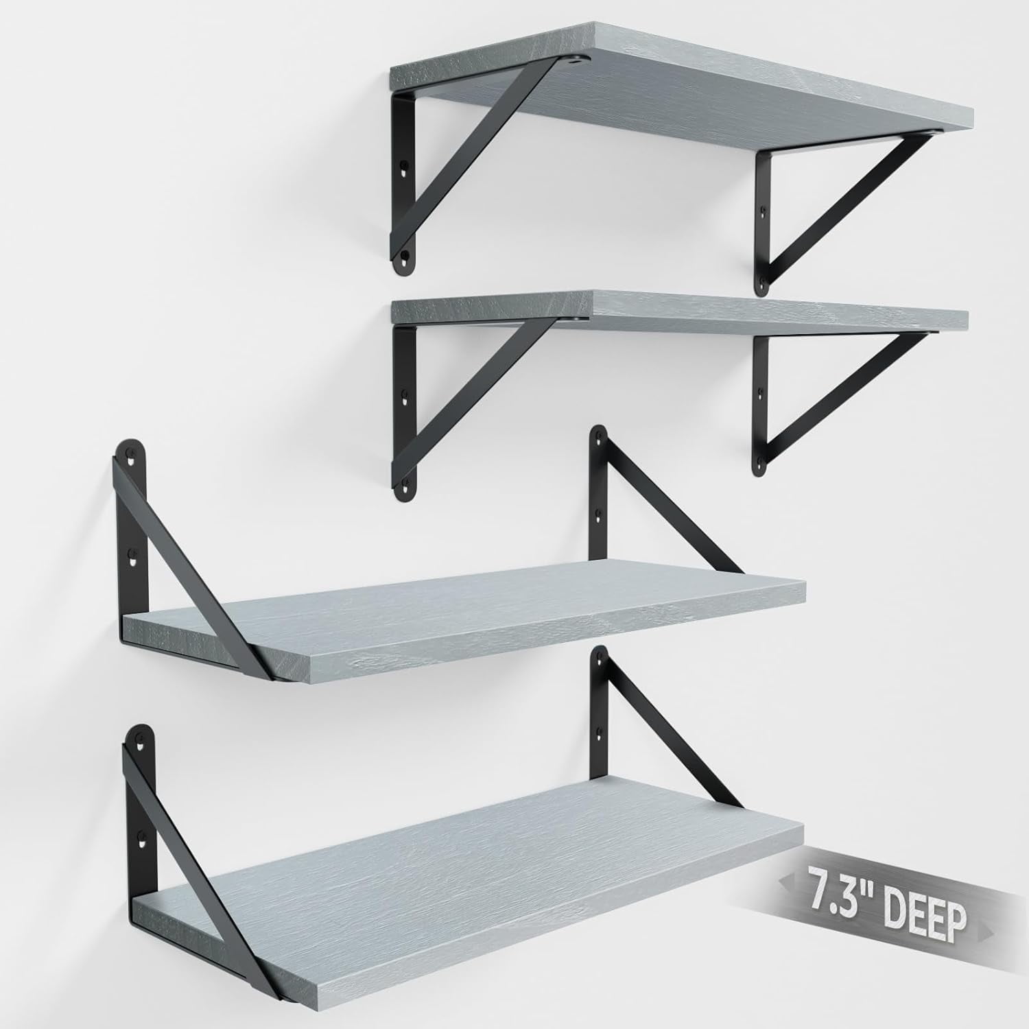Wall Shelves 7.3" Deep Set of 4, Solid Paulownia Wood Wider Longer