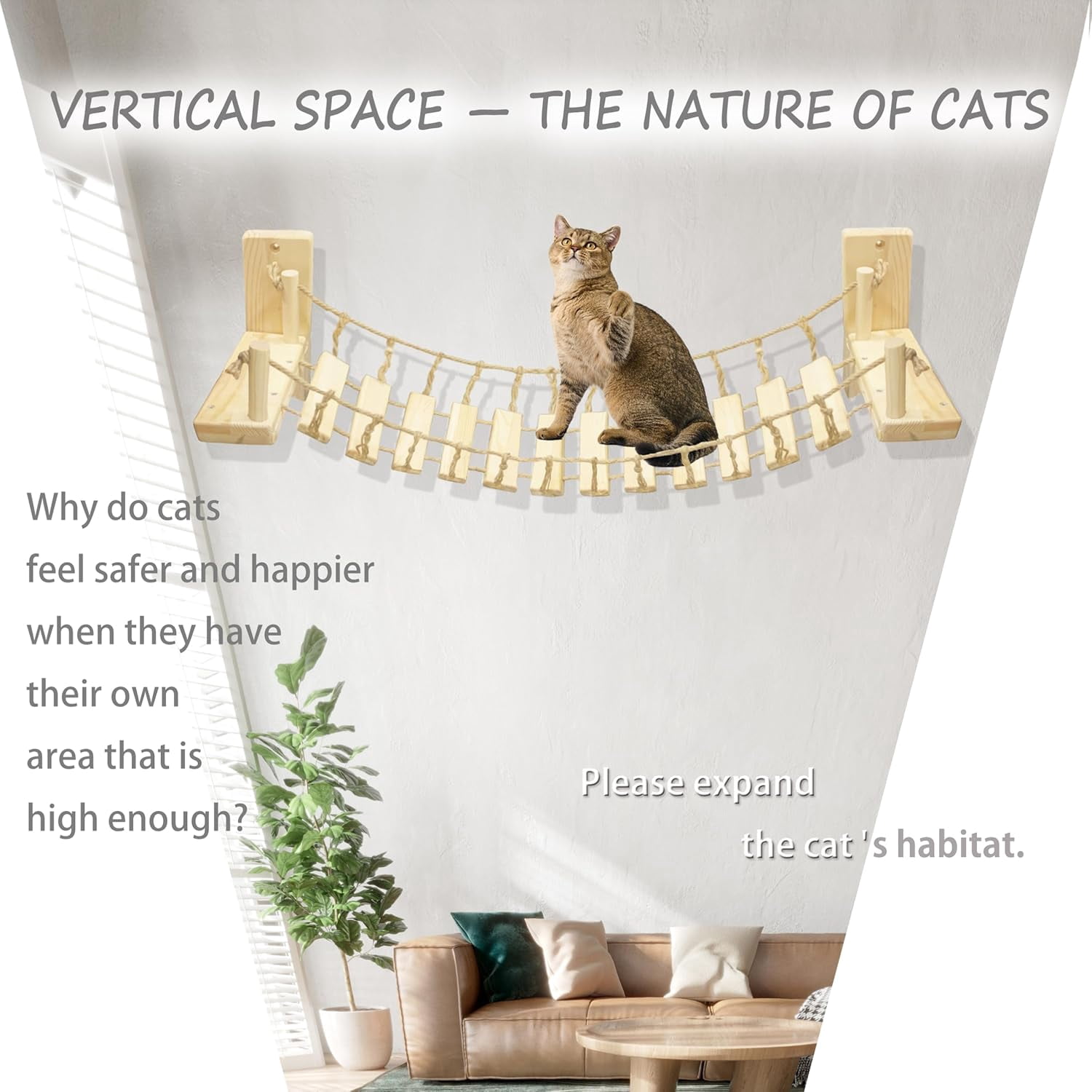 Wall Shelves Climbing Bridge for Indoor Cats, 55 Inch Wooden Perch with Sisal Rope, Space Saving Wall Mounted Furniture