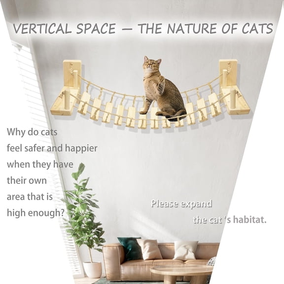 Wall Shelves Climbing Bridge for Indoor Cats, 55 Inch Wooden Perch with Sisal Rope, Space Saving Wall Mounted Furniture