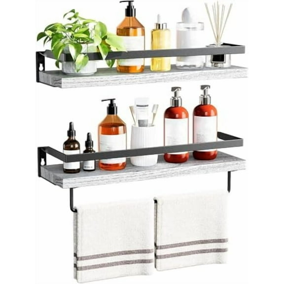 Wall Shelves, Floating Shelves for Bathroom, Kitchen, Bedroom, Bathroom Shelf with Towel Bar, Set of 2, White - AMFS01W
