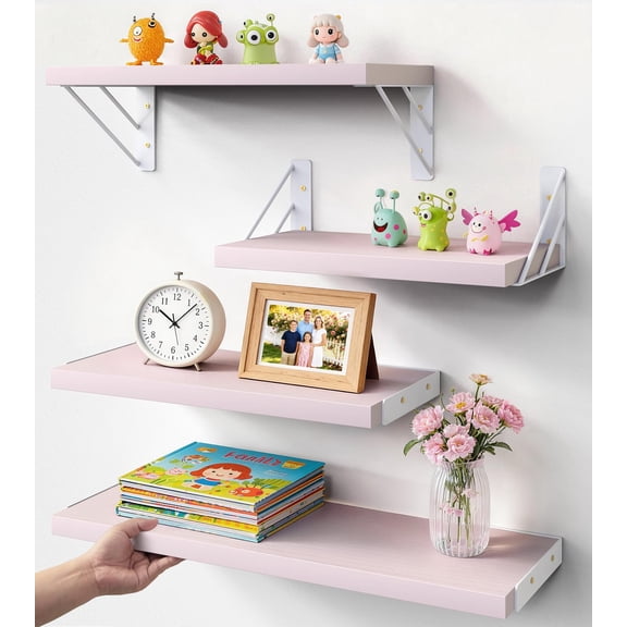 Wall Shelves For Bedroom Decor Pink Floating Shelf Living Room Kitchen Storage Mounted Rustic Wood Books Corner Bathroom(16in Set Of 4)