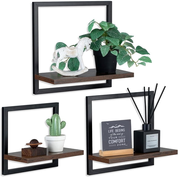 Wall Shelves for Living Room - Set of 3 Geometric Decorative Floating Shelf for Home Decor - Modern Industrial Wall Mounted Shelving Unit for Bedroom Bathroom Corner (Rustic Brown and Black)