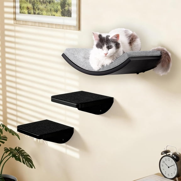 Wall Shelves Set - Curved Wall Bed and 2 Floating Wall Grey Steps, Wall Mounted Climbing Shelves for Sleeping, Playing, and Lounging