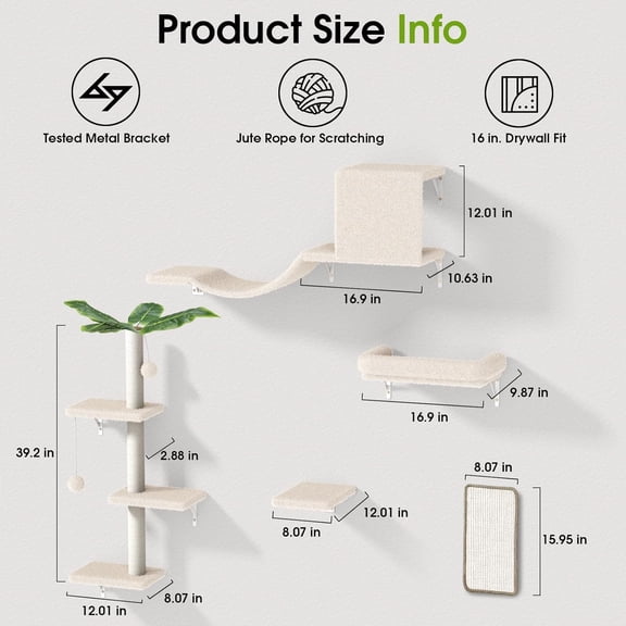 Wall Shelves, Stable & Safe 5 in 1  Furniture Set, Wooden Climbing Wall with Scratching Post for 16 Inch Drywall, Wall-Mounted Shelves &  System (Beige)