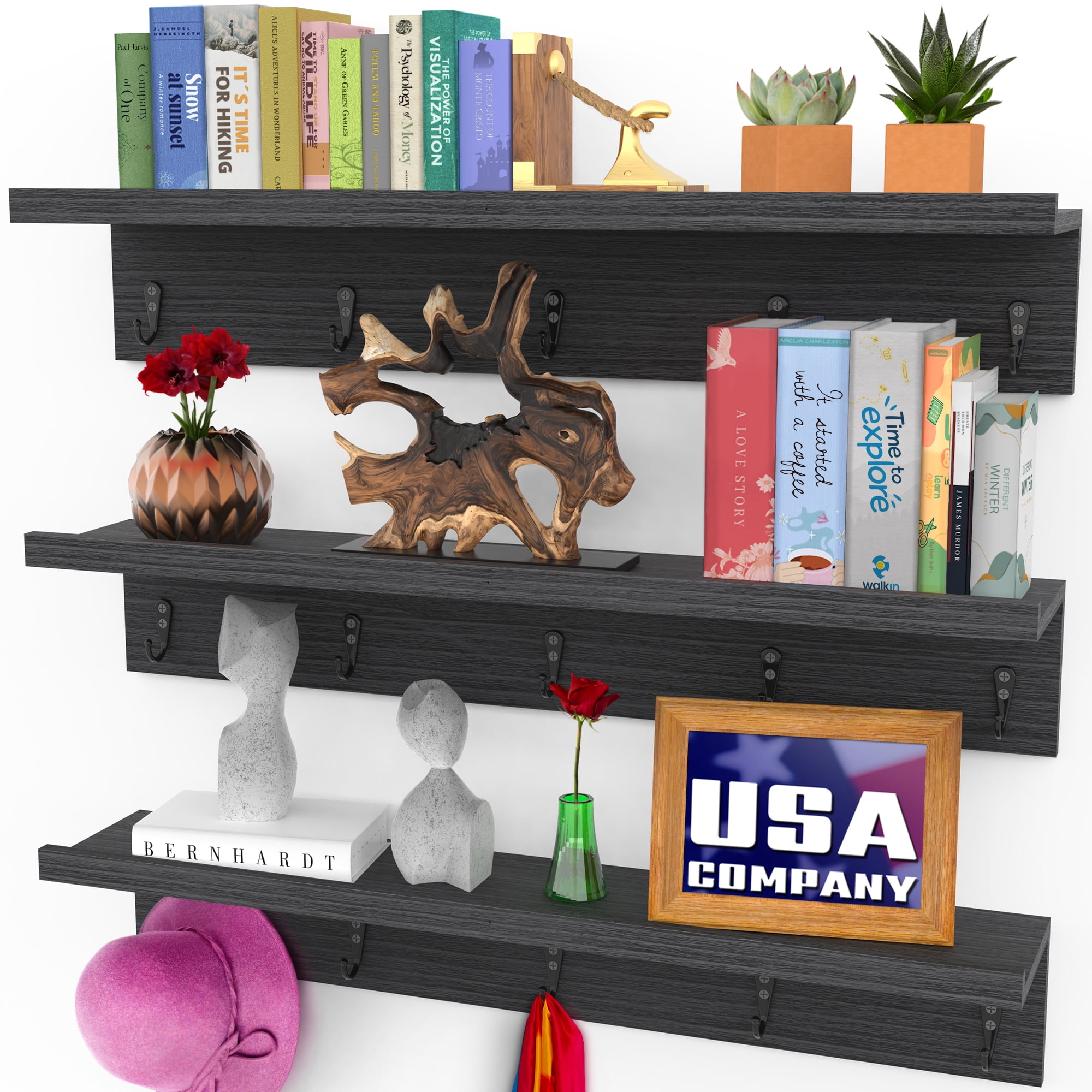 Wall Shelves W/Hooks, Floating Shelves Coat Rack (24 Inch, Black) by ...