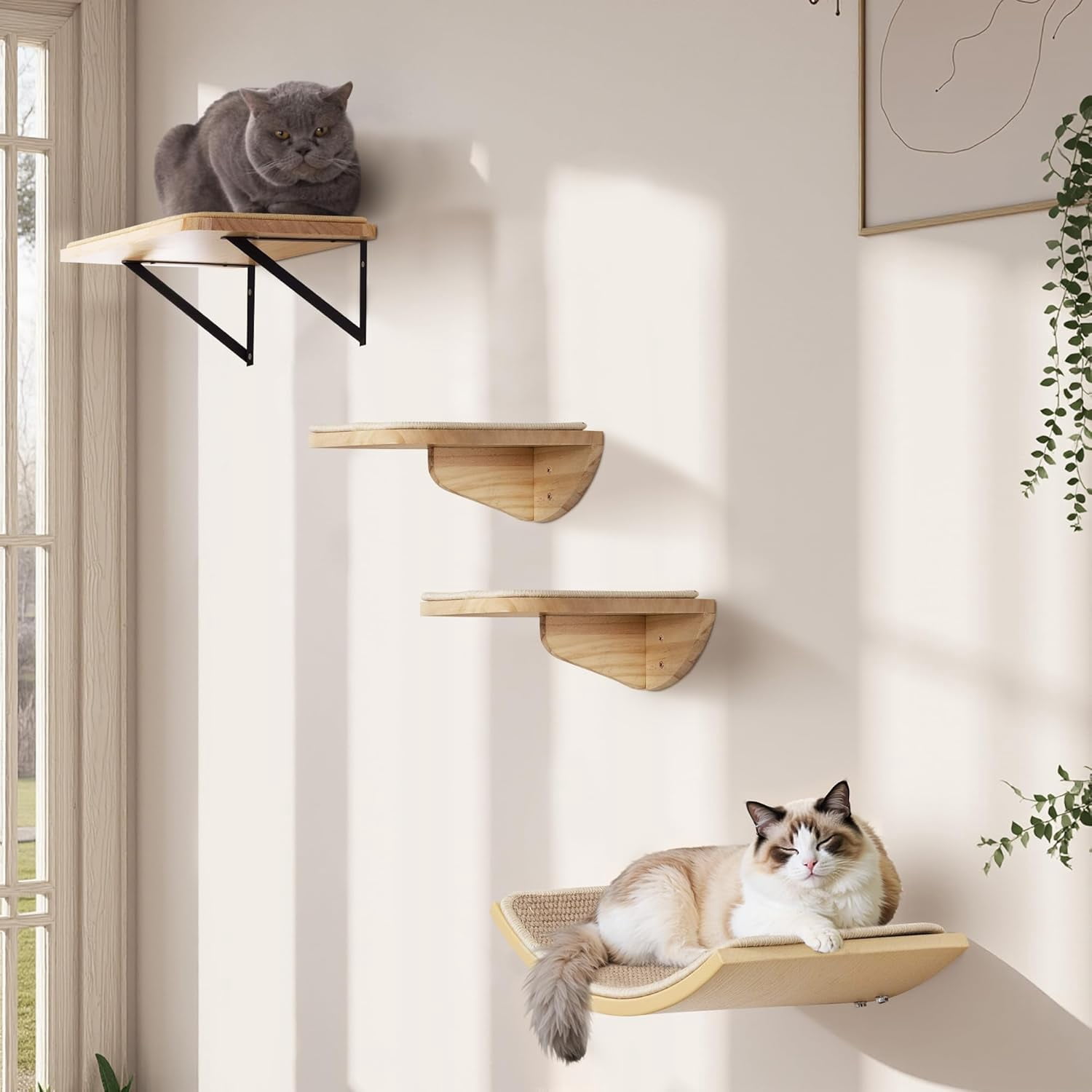 Wall Shelves with Sisal Pads, 4-Piece Wooden Cats Furniture Set with  Window Perch