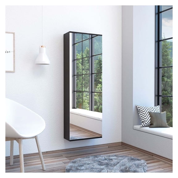 Wall Shoe Rack 54" H, One Mirror, One Door, Five Internal Storage Shelves, Approximate Capacity for Ten Shoes, Black