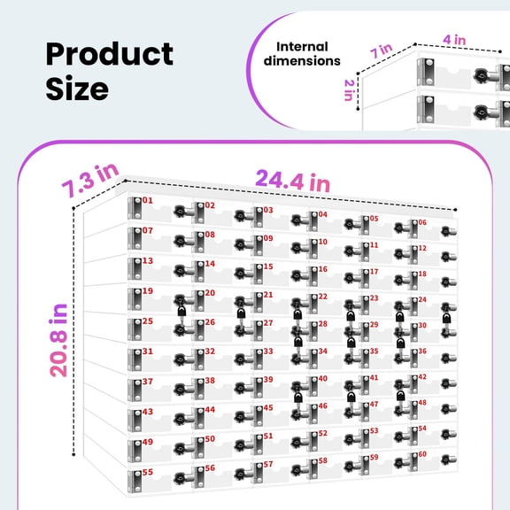 Wall Standing 60 Slots Cell Phone Locker Box for School Firm, Clear Acrylic Storage Locker with Individual Locks and Keys, Dual Use Phone Storage Cabinet