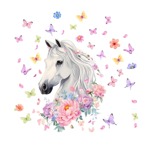 Wall Sticker Decal Removable Adhesive Horse Flower Butterflies Art Decor For Bedroom Living Room Home 15.7 X 11.4 Inches 0.066 Pounds Weight