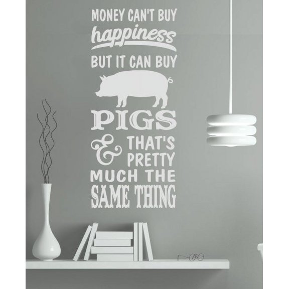 Wall Sticker Money Can't Buy Happiness Pigs Can Farmhouse Quote Decal 36x15-Inch Light Gray
