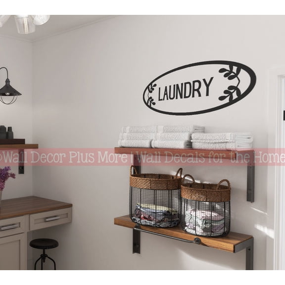 Wall Sticker Vinyl Lettering Laundry Room Door Sign Stickers - Laundry Vinyl Art Decal Round Framed Word - Wall Art Decor for Laundry Room 23x10- Inch Black