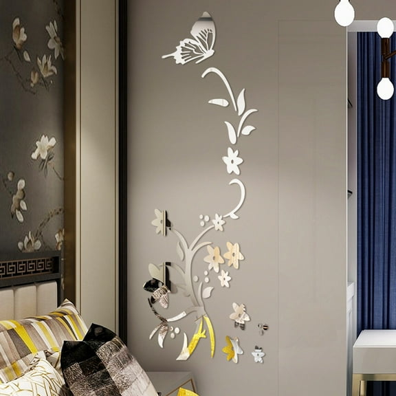Wall Stickers 3D Diy Flower Butterfly Shape Acrylic Wall Sticker Modern Stickers Decoration,Silver Home Wall Stickers