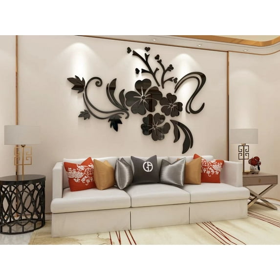 Wall Stickers 3D Flower Pattern - Family Wall Decals Living Room Wall Decor Sticker for Walls Decor Living Room Home Decorations Room Decor for Office Sofa Bedroom Decals (Black S:90cm * 120cm)