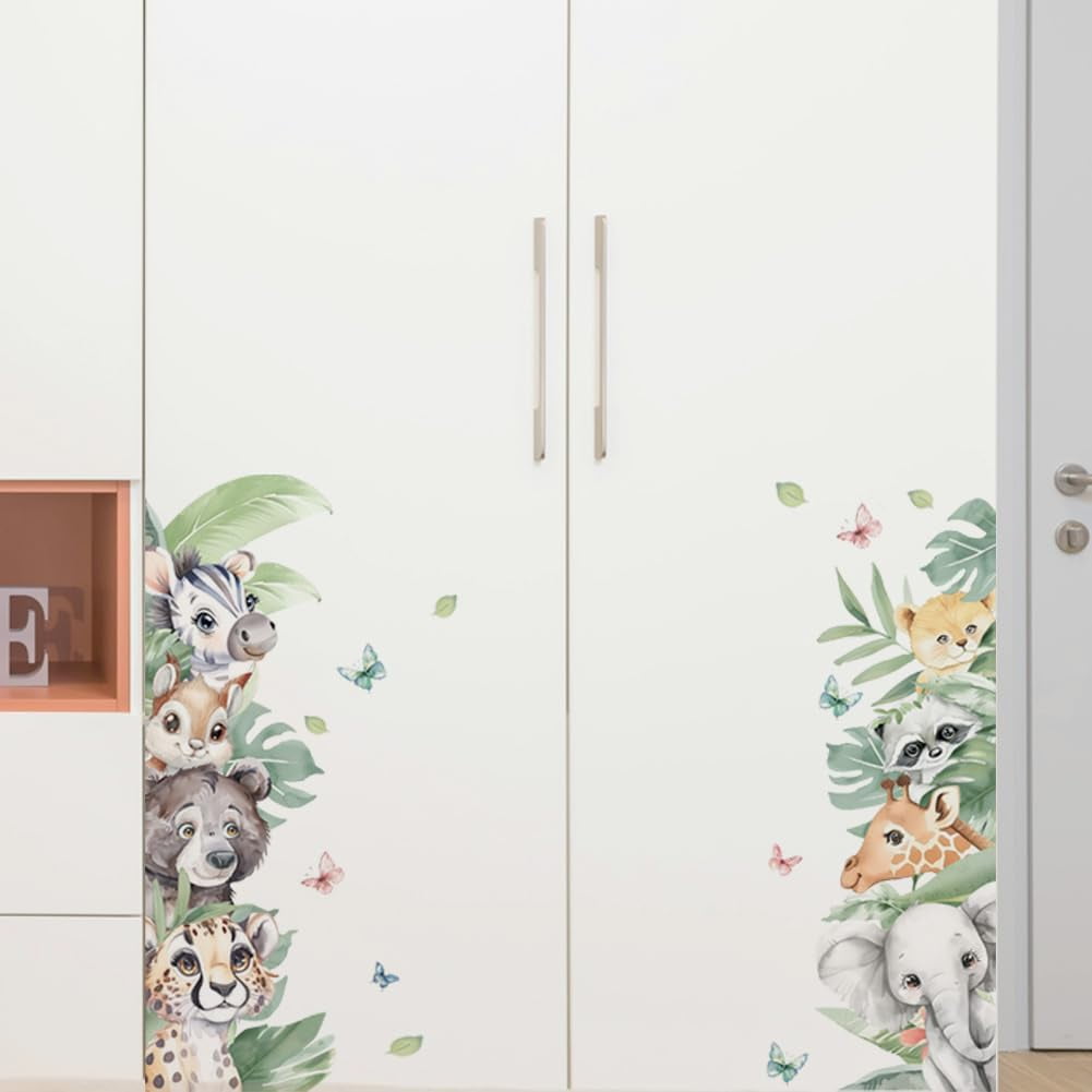 Wall Stickers Decal Decor Cute Jungle Animals Removable Peel and Stick 2 Sheets 11.8" x 35.4" Vinyl 3D Wall Murals for Living Room Nursery Bedroom Classroom Pediatric