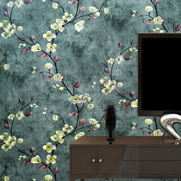 Wall Stickers Floral Art Wallpaper,Retro Farmhouse Floral Peel And Stick Wallpaper,Exquisite Green Wall Stickers for Bedroom Living Room Kitchen,Bathroom,Office,Bar,Store