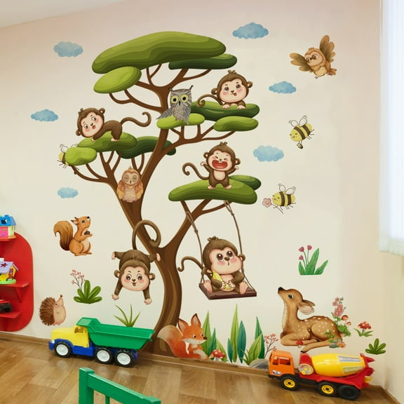 Wall Stickers, Gaqring Monkey Owl Forest Tree Wall Decals, Self-Adhesive Removable Nursery Kindergarten Bedroom Decor Easy Peel and Stick