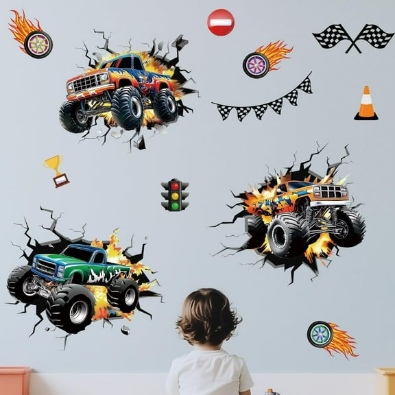Wall Stickers Monster Truck Peel and Stick Wall Decals 4 Sheets Removable Art Decor for Bedroom Nursery Playroom Bathroom Office Decoration Mixed Color