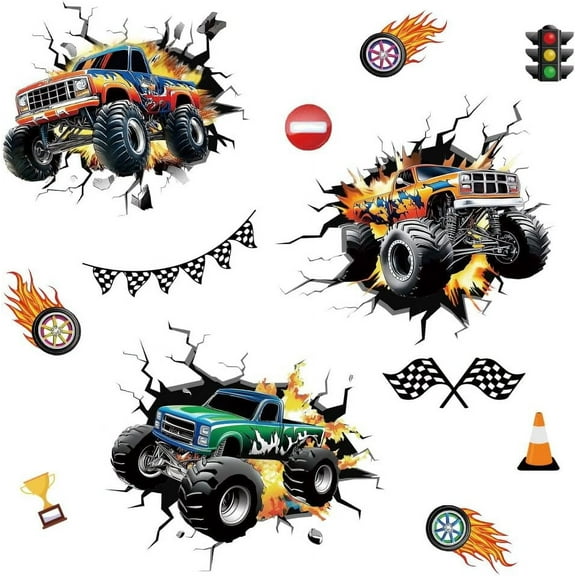 Wall Stickers Monster Truck Peel and Stick Wall Decals 4 Sheets Removable Art Decor for Bedroom Nursery Playroom Bathroom Office Decoration