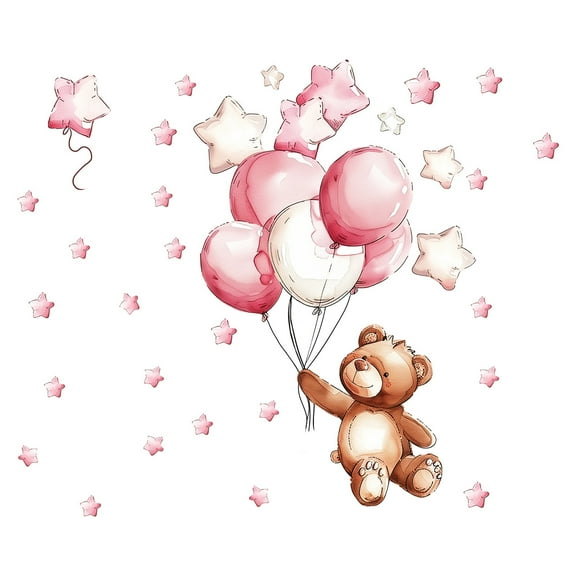 Wall Stickers Pink Stars Balloons Cute Bear Cartoon Decals Living Room Bedroom Background Decor Vinyl Peel and Stick 21.5"x22.5"