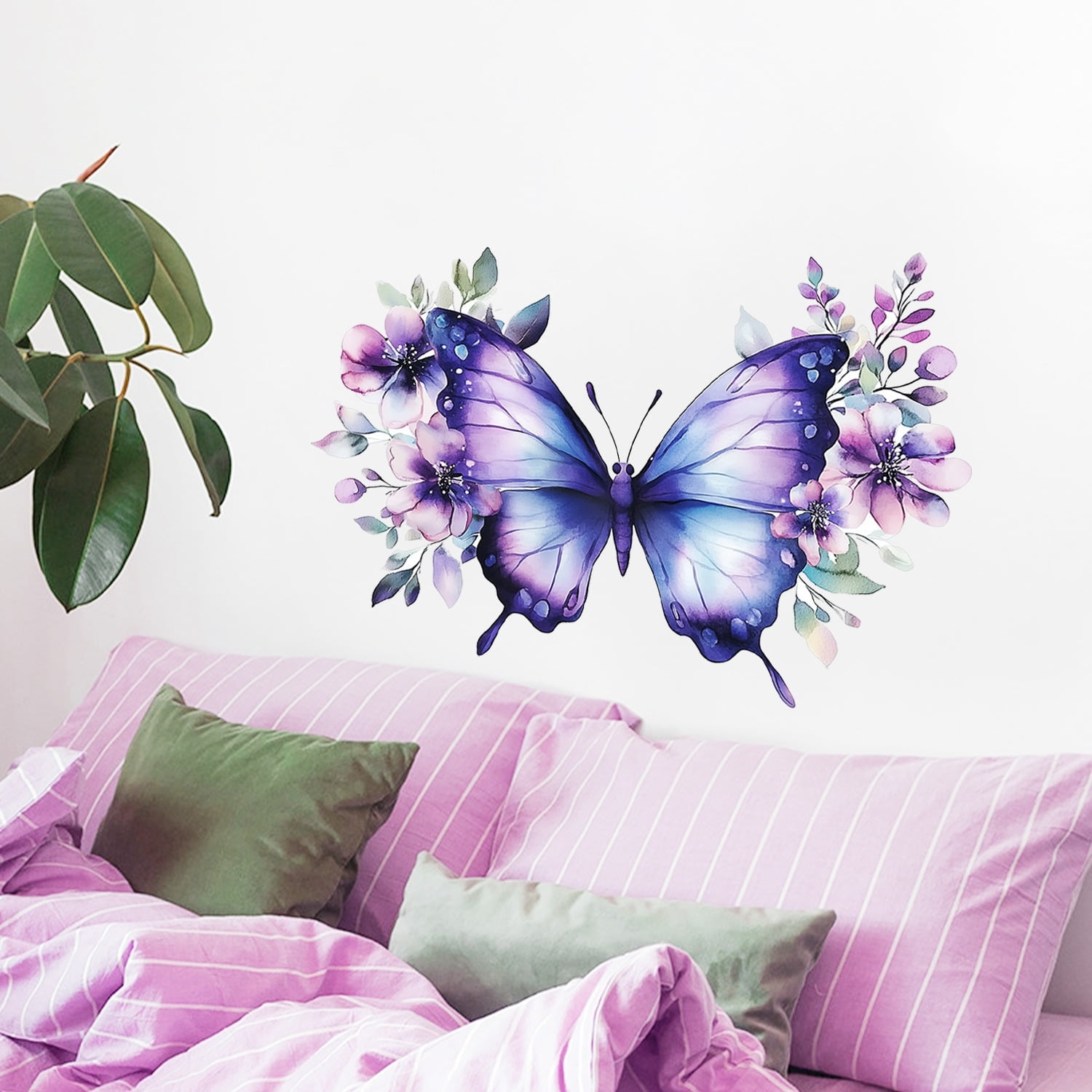 Wall Stickers Purple Flowers Butterfly Decals Peel and Stick Bedroom ...