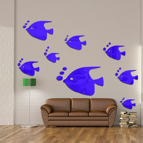 Wall Stickers Sea Animals Fishes Theme Waterproof Acrylic Mirror Wall Decor Stickers Removable Dog Diy Sticky Mural Stickers Decals For Living Room Kid Baby Bedroom Bathroom,Blue Home Wall Stickers