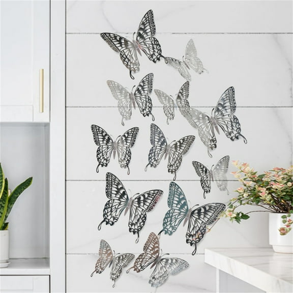 Wall Stickers for Walls, Gaqring Metal Texture Hollow Butterfly Wall Decals, 12PCS Peel Stick Removable Reusable Room Decor for Bedroom Living Room Wedding