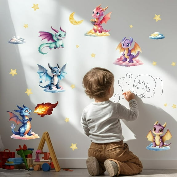 Wall Stickers Watercolor Dragon Peel and Stick Wall Decals 4 Sheets Removable Art Decor for Bedroom Nursery Playroom Bathroom Office Decoration Colorful