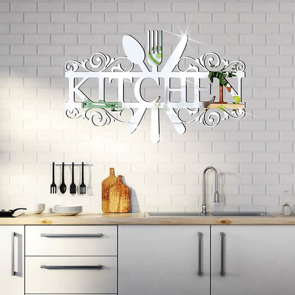 Wall Stickers for Kitchen Acrylic Decals Kitchen Wall Decorations 3D Mirror Decor for Dining Room Home(Silver)