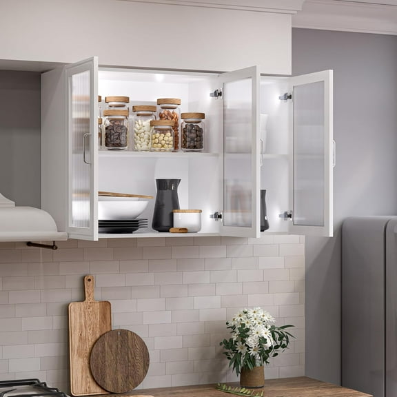 Wall Storage Cabinets - Led Upper Kitchen Laundry Wall Mounted Cabinets with Acrylic Glass 3 Doors and Shelves, 36'Wide