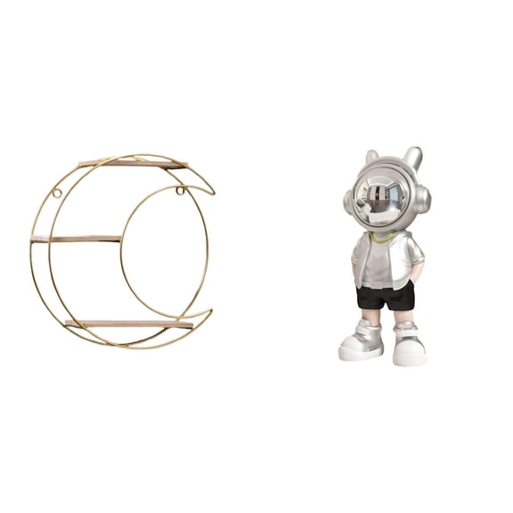 Wall Storage Rack Floating Shelf Astronaut Statue Metal Space Saving Design for Bedroom Office Home