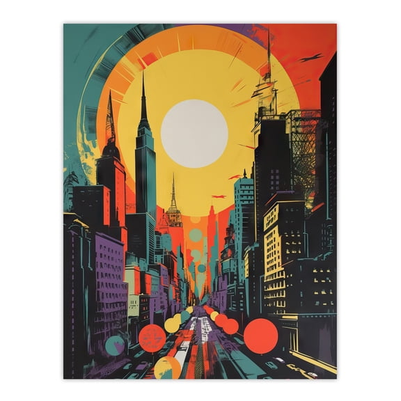 Wall Street New York City Retro Sunrise Cityscape 60's Style Abstract USA Vibrant Bold Bright Colourful Painting Large Wall Art Poster Print Thick Paper 18X24 Inch