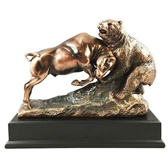 Wall Street Stock Market Charging Bull Defeating Kodiak Bear With Base Bronze Electroplated Figurine Investors Gifts Money Managers
