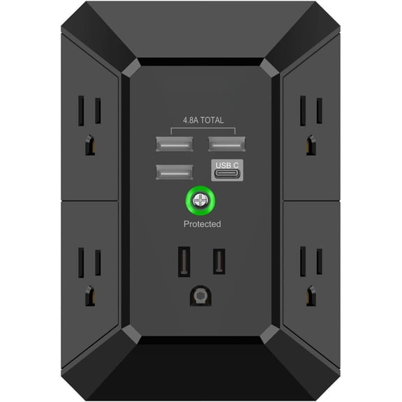 Wall , Surge Protector, 5 Outlet Extender with 4 Ports (4.8A Total) 3-Sided 1680J Power Strip Multi Plug Outlets Wall Spaced for Travel Office, Black