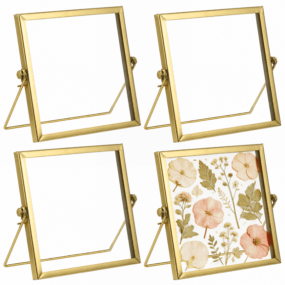 4 Pcs Glass Frame for Pressed Flowers, Fits 4 x 4 in Photos, Gold|Sturdy Metal & Double Glass, Stable Desktop Display, Easy to Install, Ideal for Pressed Flowers & Photos, Square Design