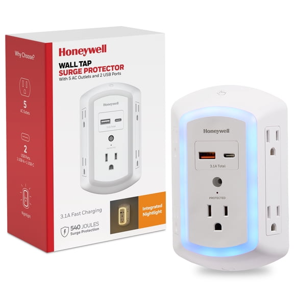 Honeywell 5-Outlet 2-USB LED Night Light Surge Protector Wall Tap, White