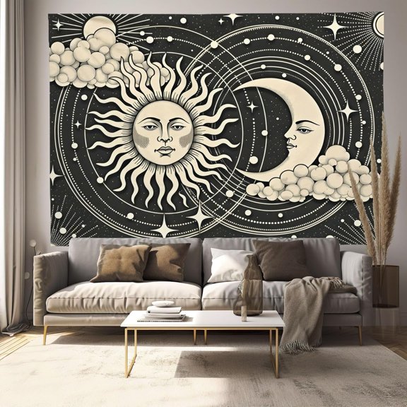 Wall Tapestry Celestial Themes Wall Hanging Sun And Moon Art Print Tapestries for Living Room Bedroom Dorm Apartment Backdrop Decorative, Grey, 40L x 30W