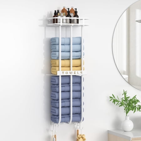 Wall Towel Rack for Rolled Towels, New Upgrade Towel Racks for Bathroom Wall Mounted, Bathroom Bar Towel Storage, Metal Bath Towel Holder for Bathroom Wall Mounted, White