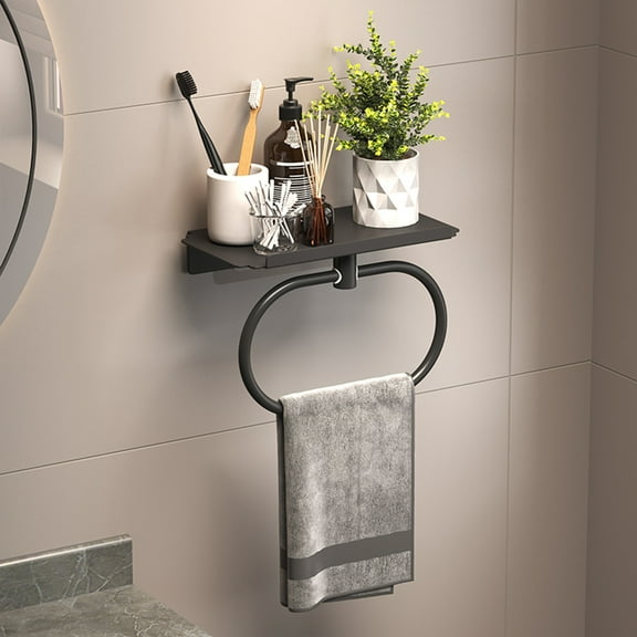 Wall Towel Racks with Shelf,Upgrade Steel Towel Ring Holder for Bathroom Wall Mounted, Bathroom Bar Towel Storage, Bath Accessories Wall Mounted, Black