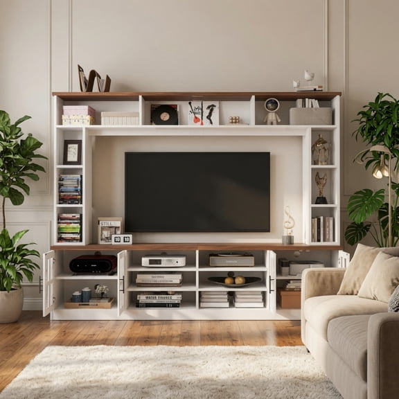 Wall Unit Entertainment Center for 80" TV, Bookshelves w/ Cabinets & Glass Doors, Media Console, White